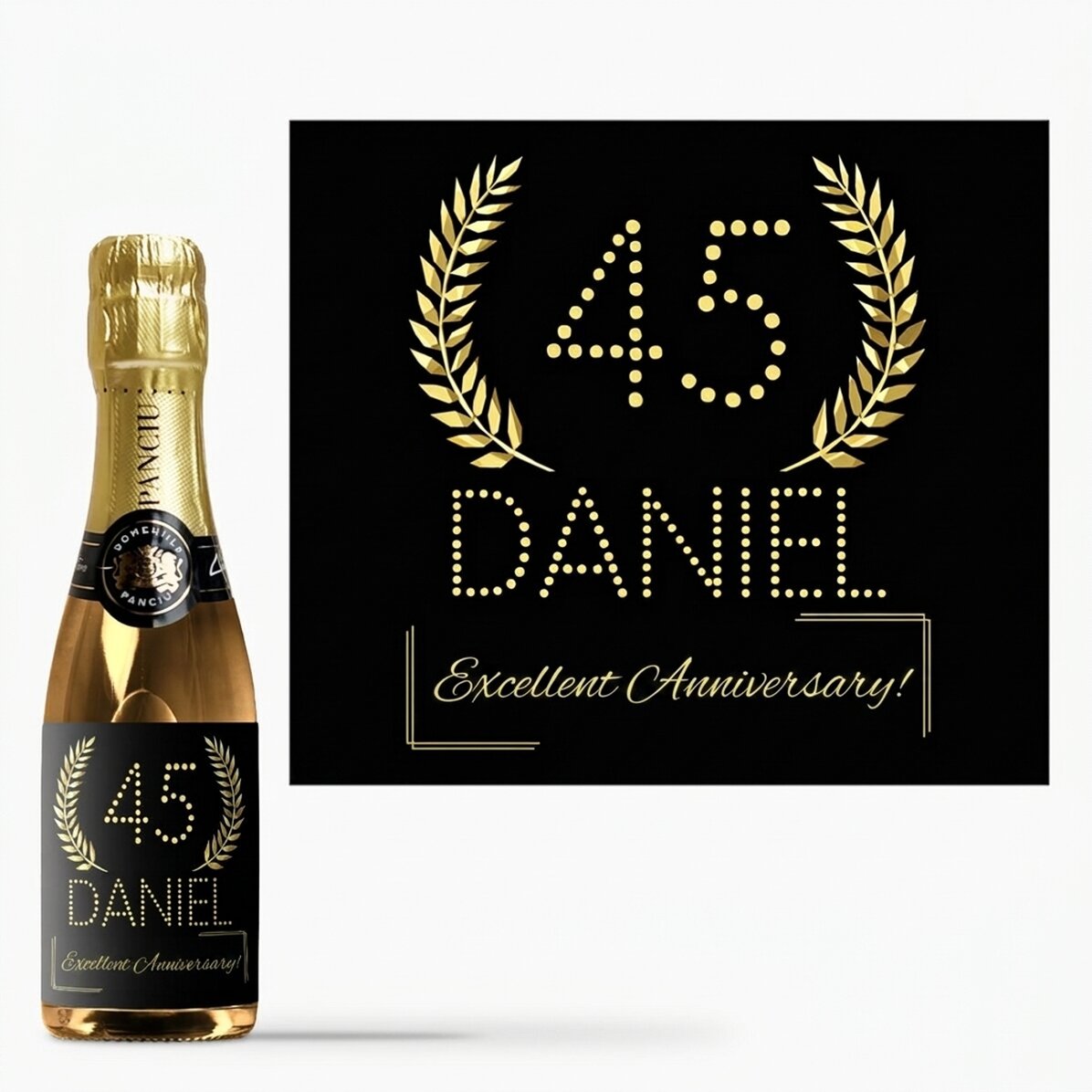 Mini bottle of sparkling wine personalised with text for a birthday - Gold