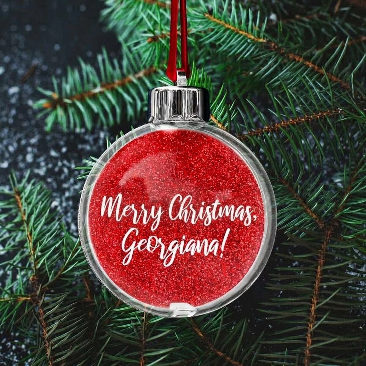 Transparent customised double-sided globe with a photo and text - Merry Christmas!