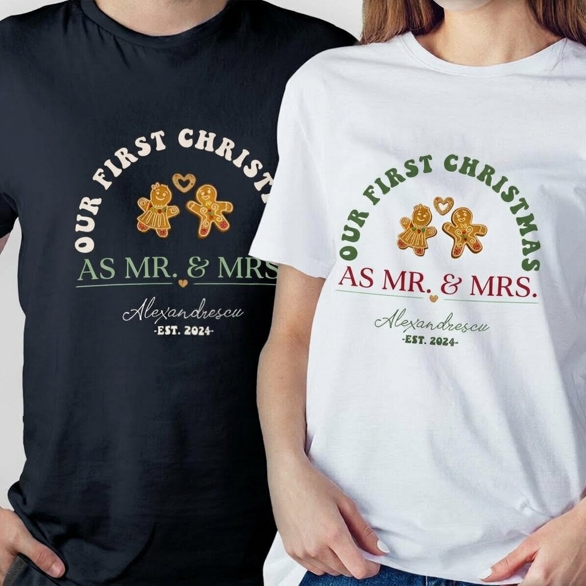 Personalised cotton T-shirt with Christmas text - Mr & Mrs