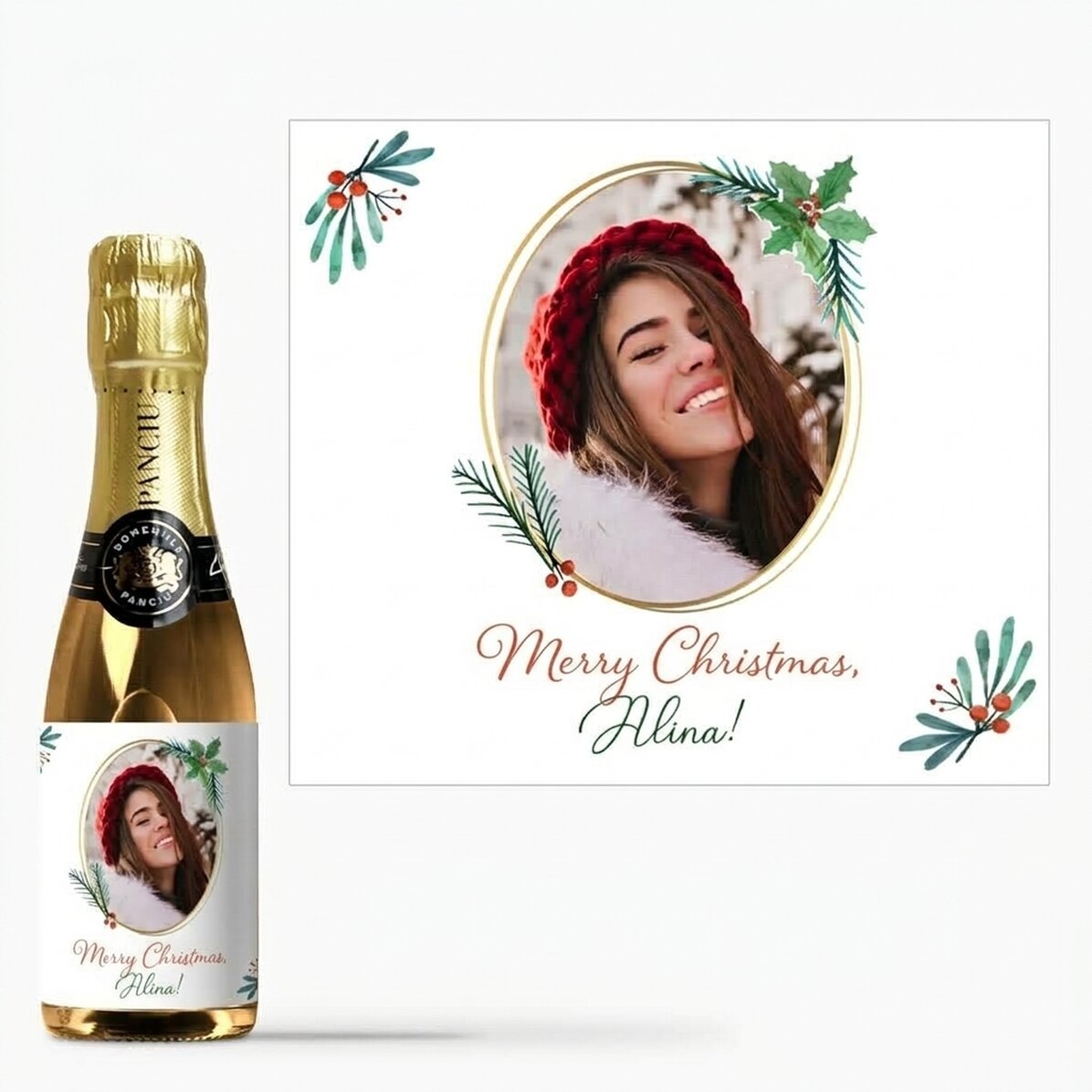 Mini bottle of sparkling wine personalised with a photo and Christmas text