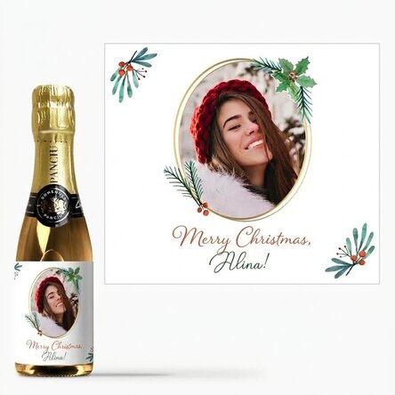 Mini bottle of sparkling wine personalised with a photo and Christmas text