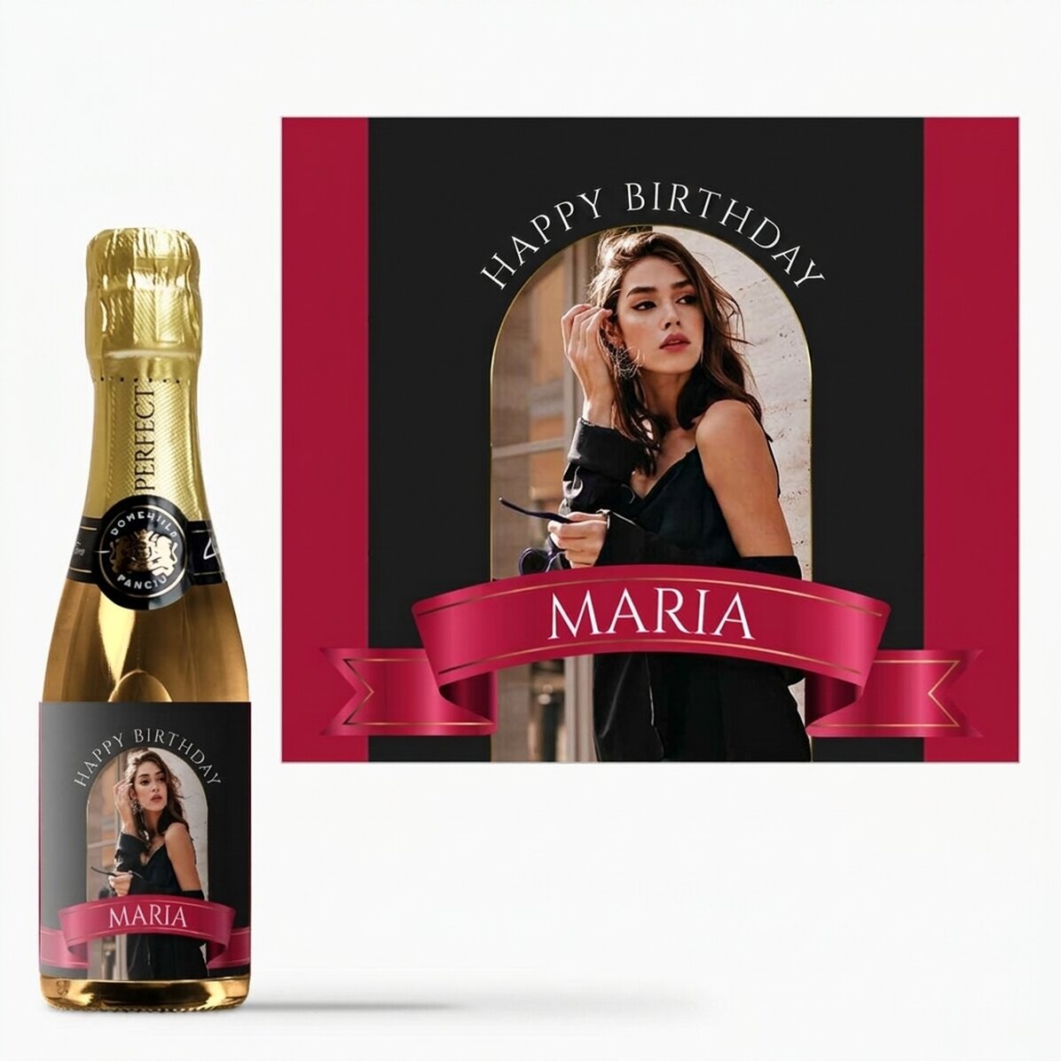 Mini bottle of sparkling wine personalised with a photo and text - Ribbon