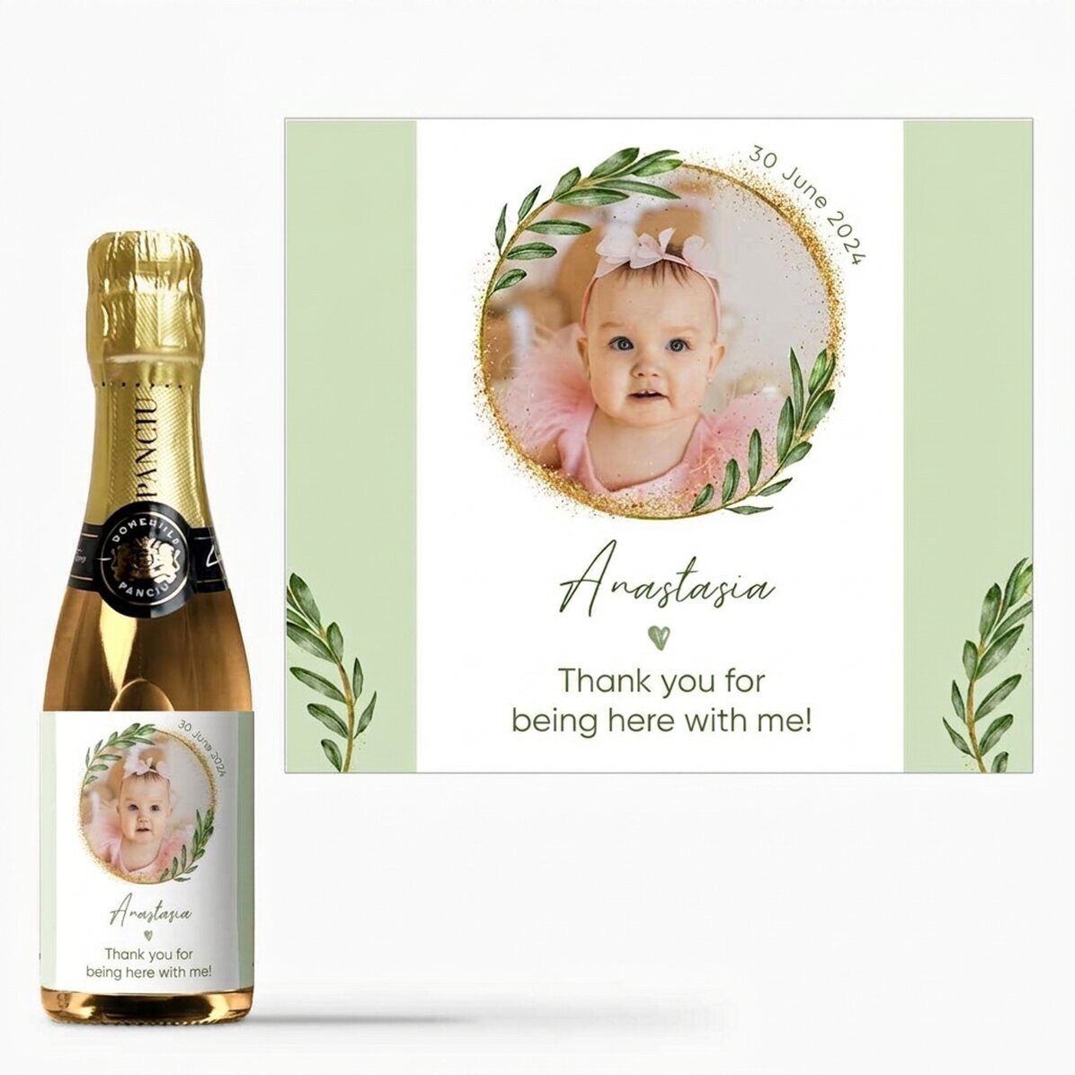 Mini bottle of sparkling wine personalised with a photo and text - Christening gift
