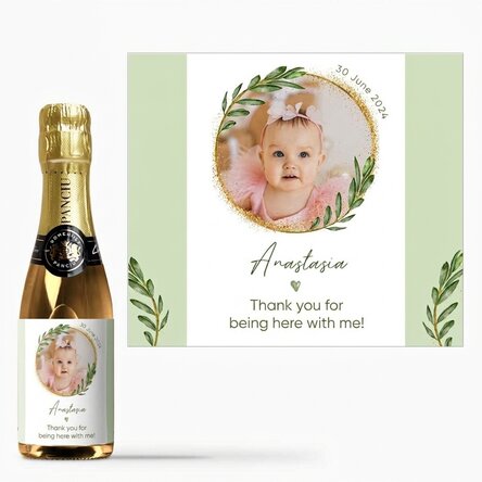 Mini bottle of sparkling wine personalised with a photo and text - Christening gift