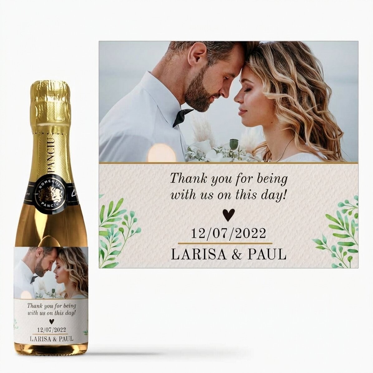 Mini bottle of sparkling wine personalised with a photo and text - Thank you!