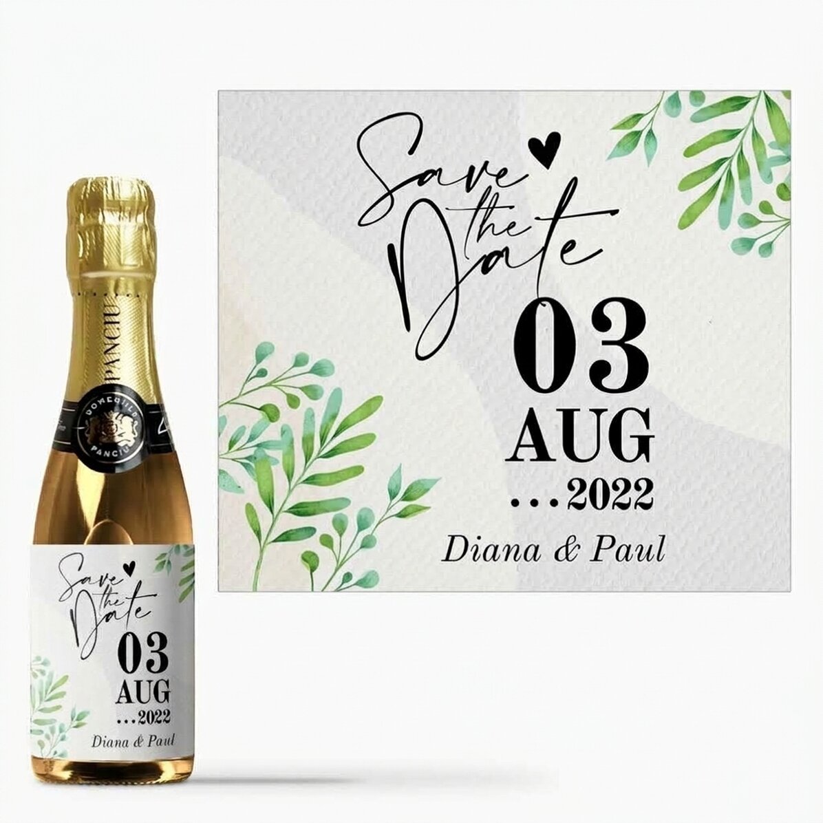 Mini bottle of sparkling wine personalised with text - Save the date
