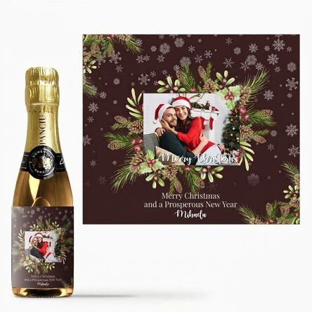 Mini bottle of sparkling wine personalised with photo and text - Christmas decorations