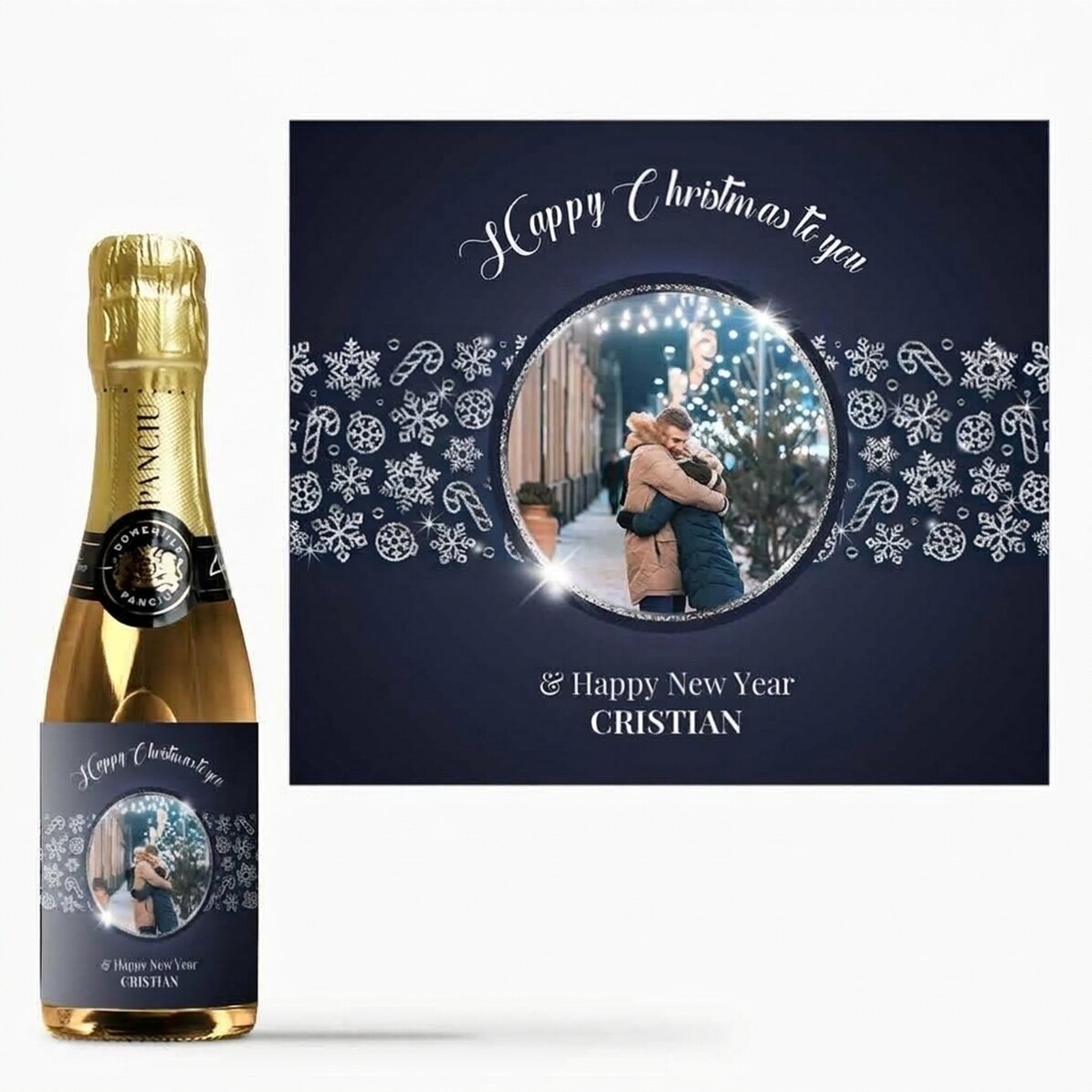 Mini bottle of sparkling wine personalised with photo and text - Shiny Snowflakes