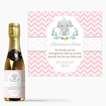 Mini bottle of sparkling wine, personalised with text, as a christening gift - Elephant
