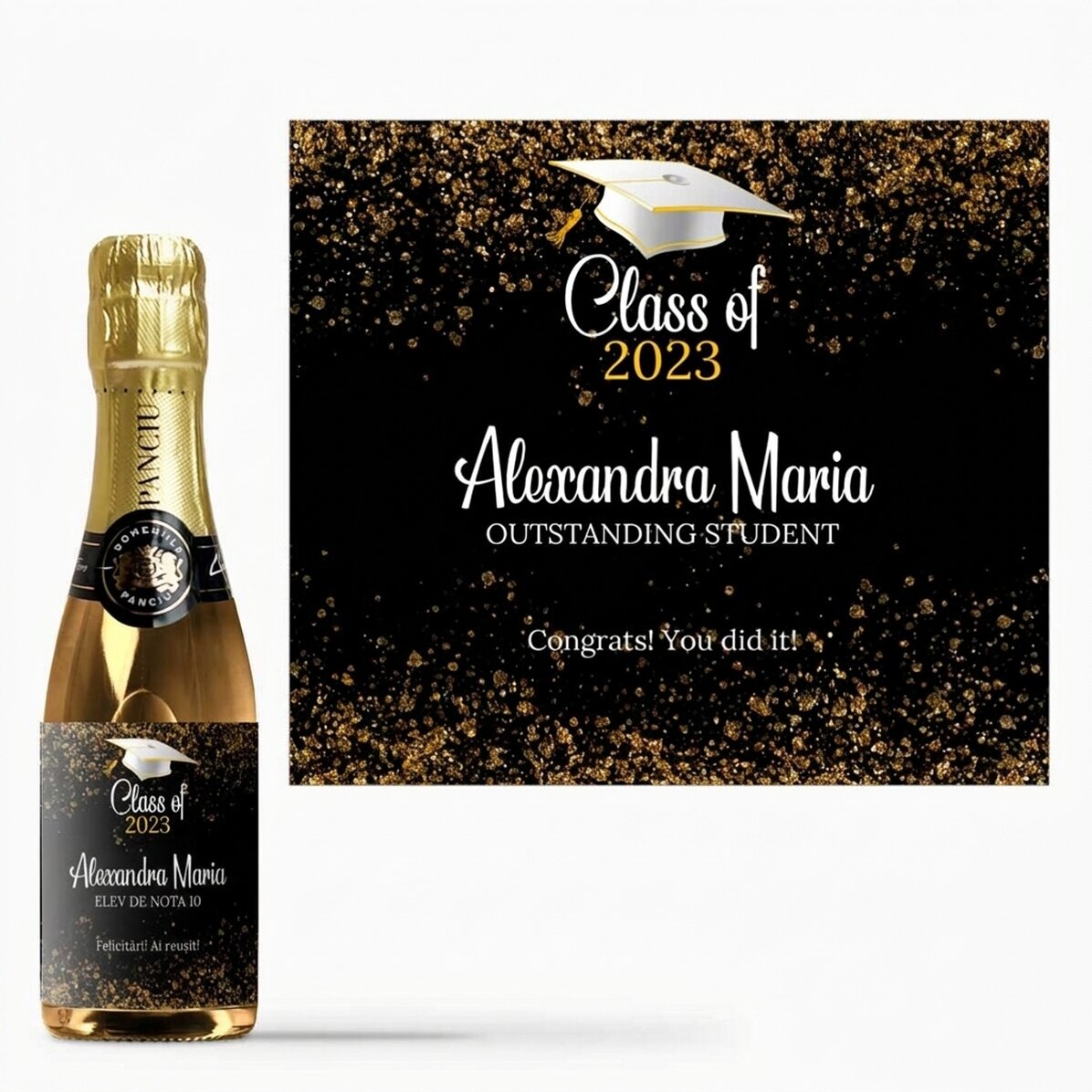 Mini bottle of sparkling wine for graduation, personalised with text - Outstanding student