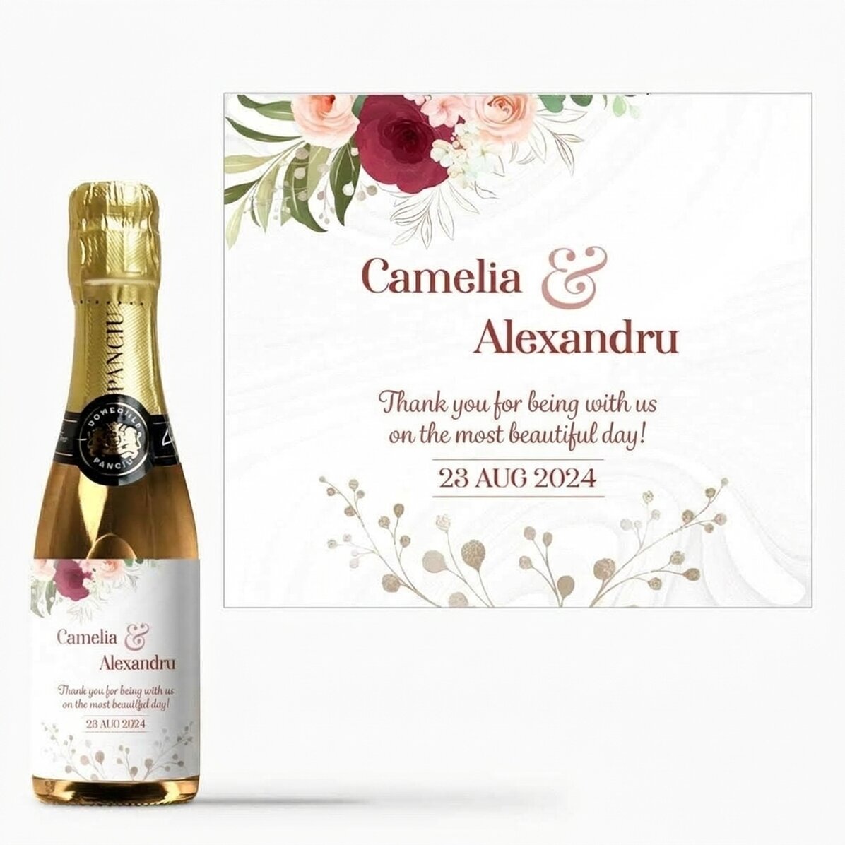 Mini bottle of sparkling wine personalised with text - Thank you for attending