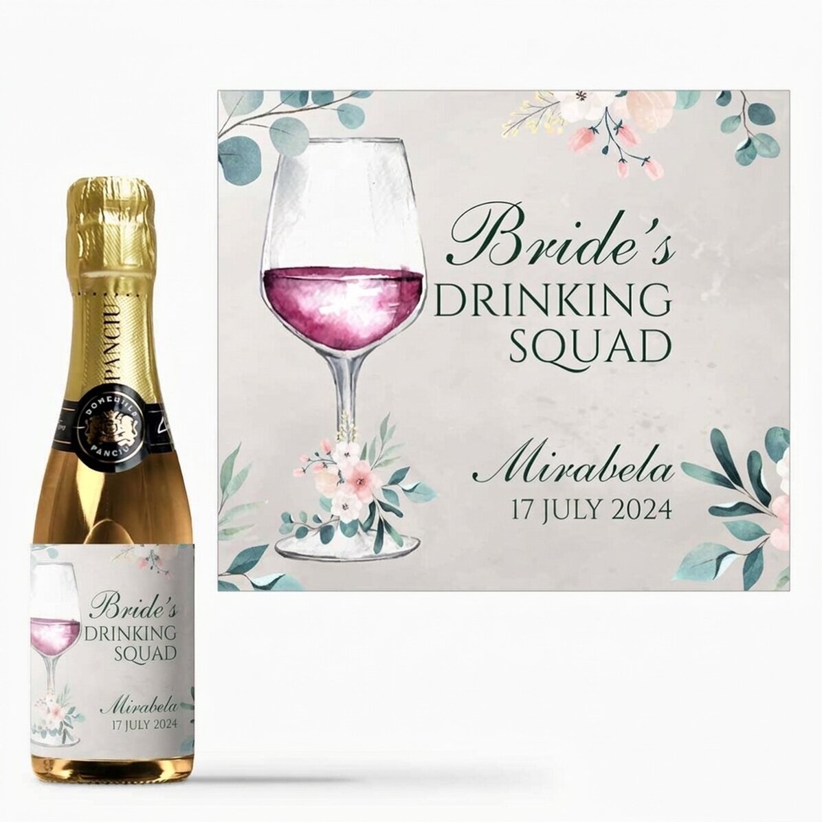 Mini bottle of sparkling wine personalised with text for hen parties