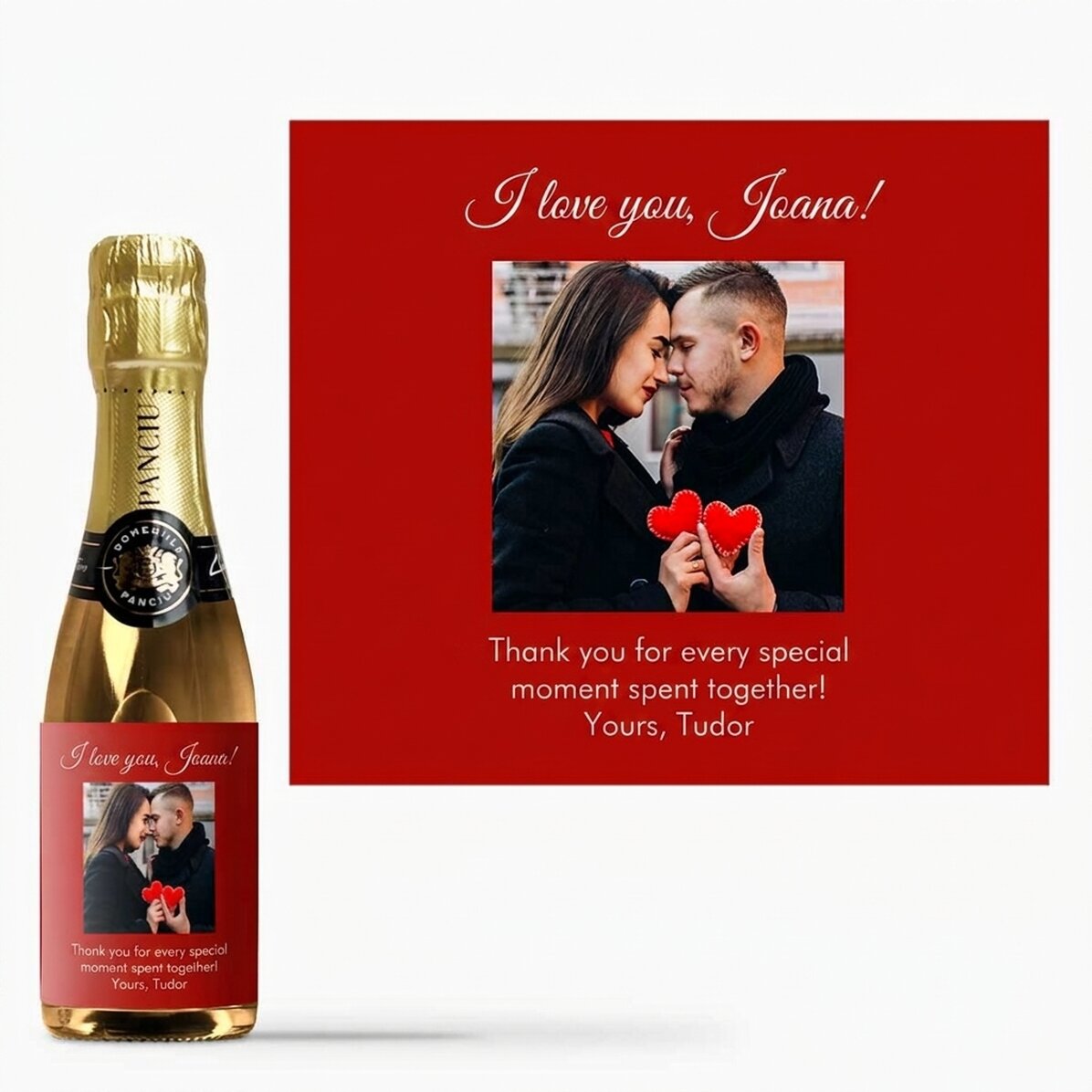Mini bottle of sparkling wine personalised with a photo and message for your loved ones