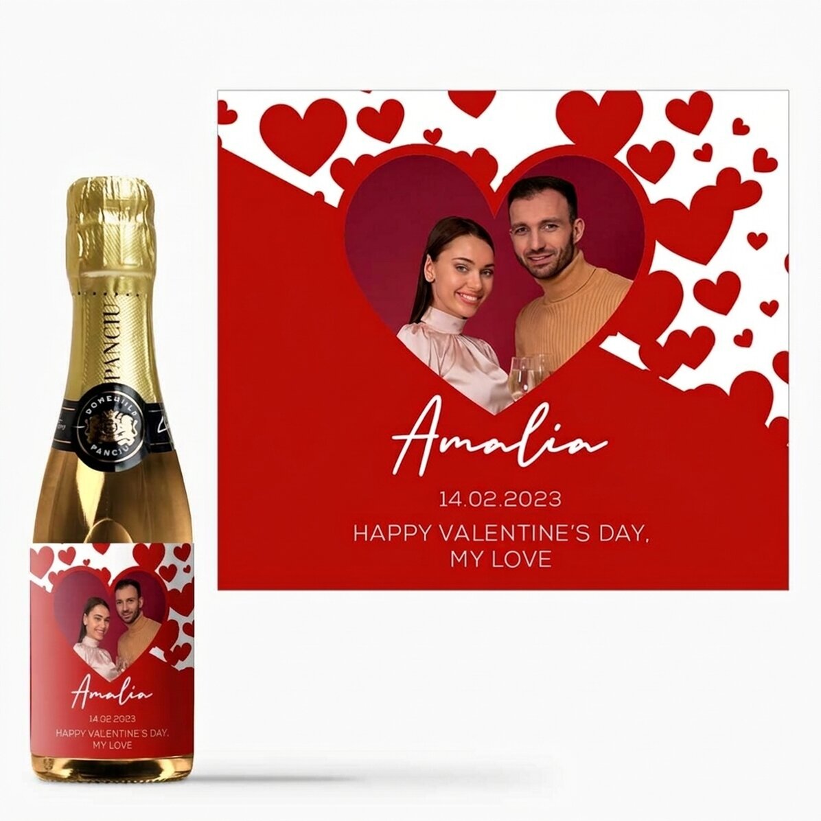 Mini bottle of sparkling wine personalised with a photo and text - I love you