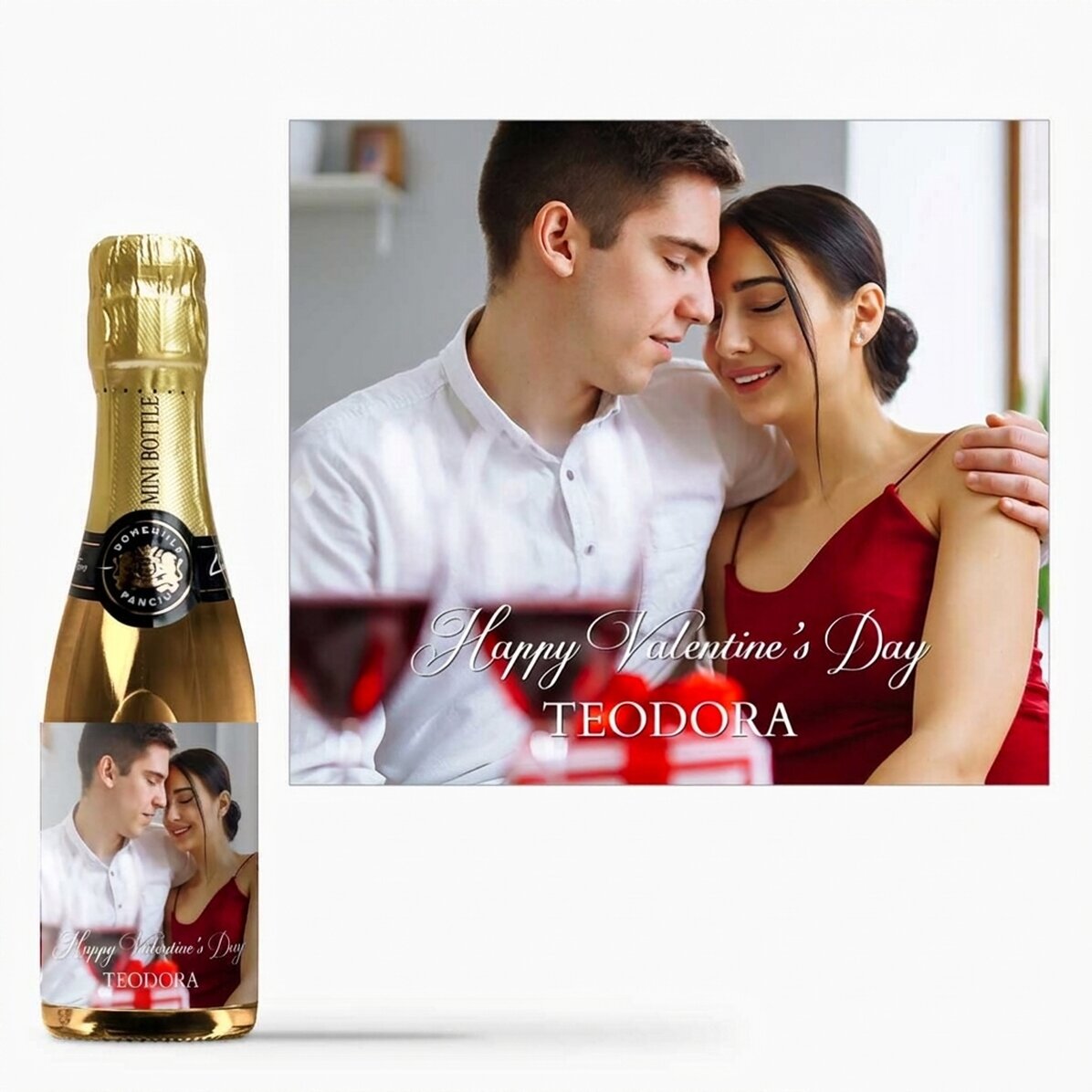 Mini bottle of sparkling wine personalised with a photo and text
