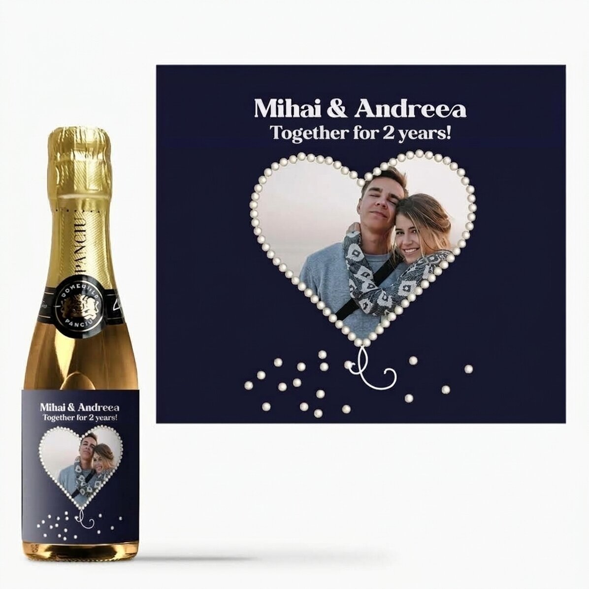 Mini bottle of sparkling wine personalised with a heart-shaped pearl photo