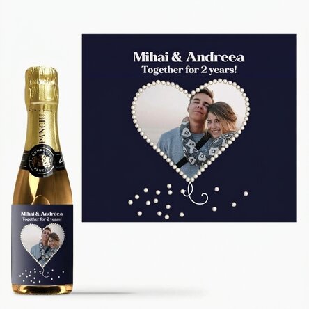 Mini bottle of sparkling wine personalised with a heart-shaped pearl photo