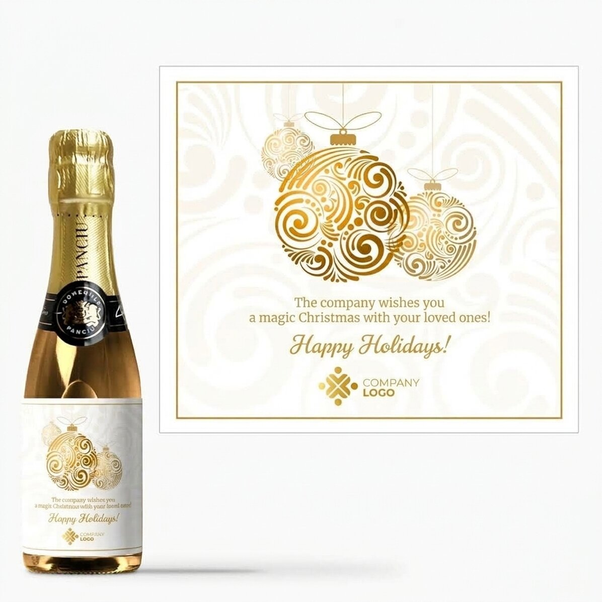Mini bottle of sparkling wine personalised with logo and message - Golden Christmas baubles