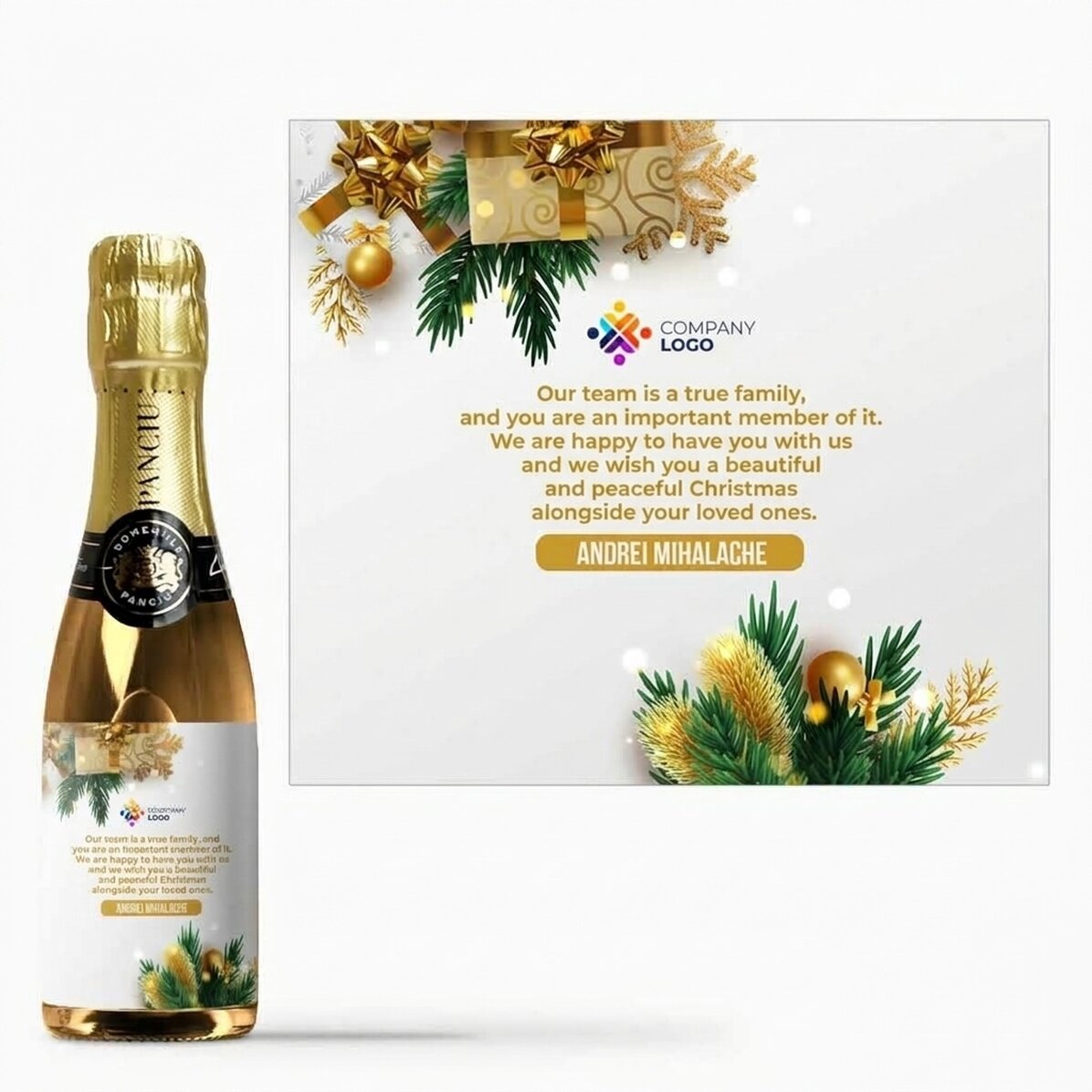 Mini bottle of sparkling wine personalised with message and logo - A festive tale