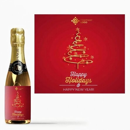 Mini bottle of sparkling wine personalised with text and logo - Happy Holidays