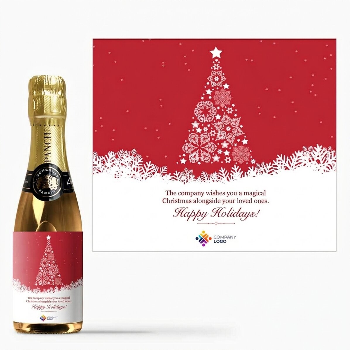 Mini bottle of sparkling wine personalised with text and logo - The Magic of Christmas