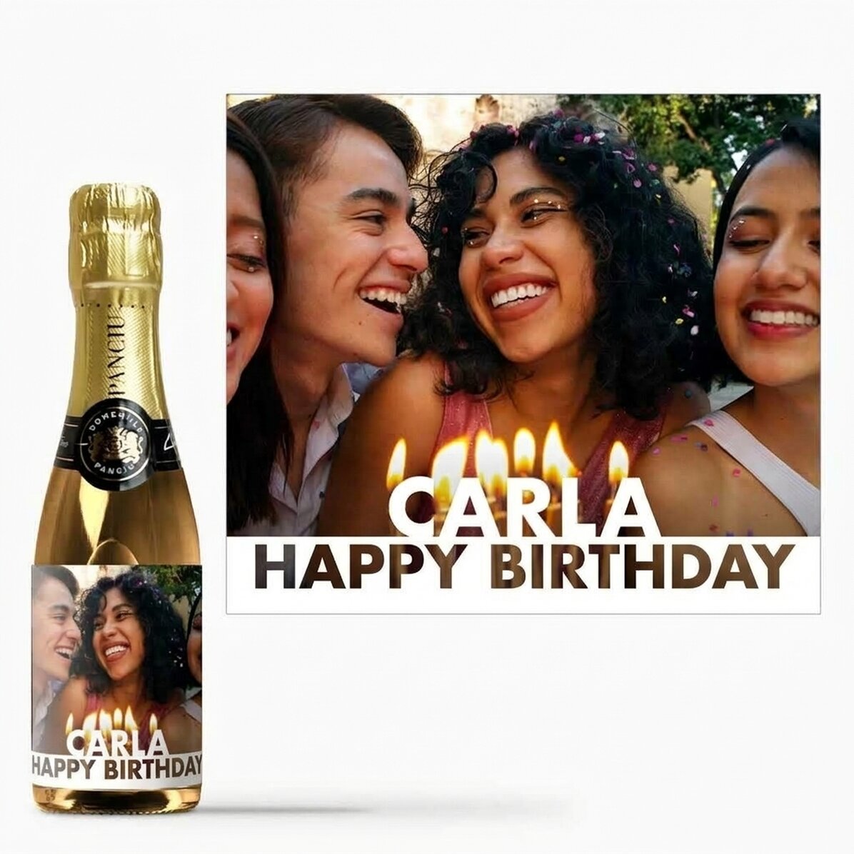 Mini bottle of sparkling wine personalised with photo and name for birthday