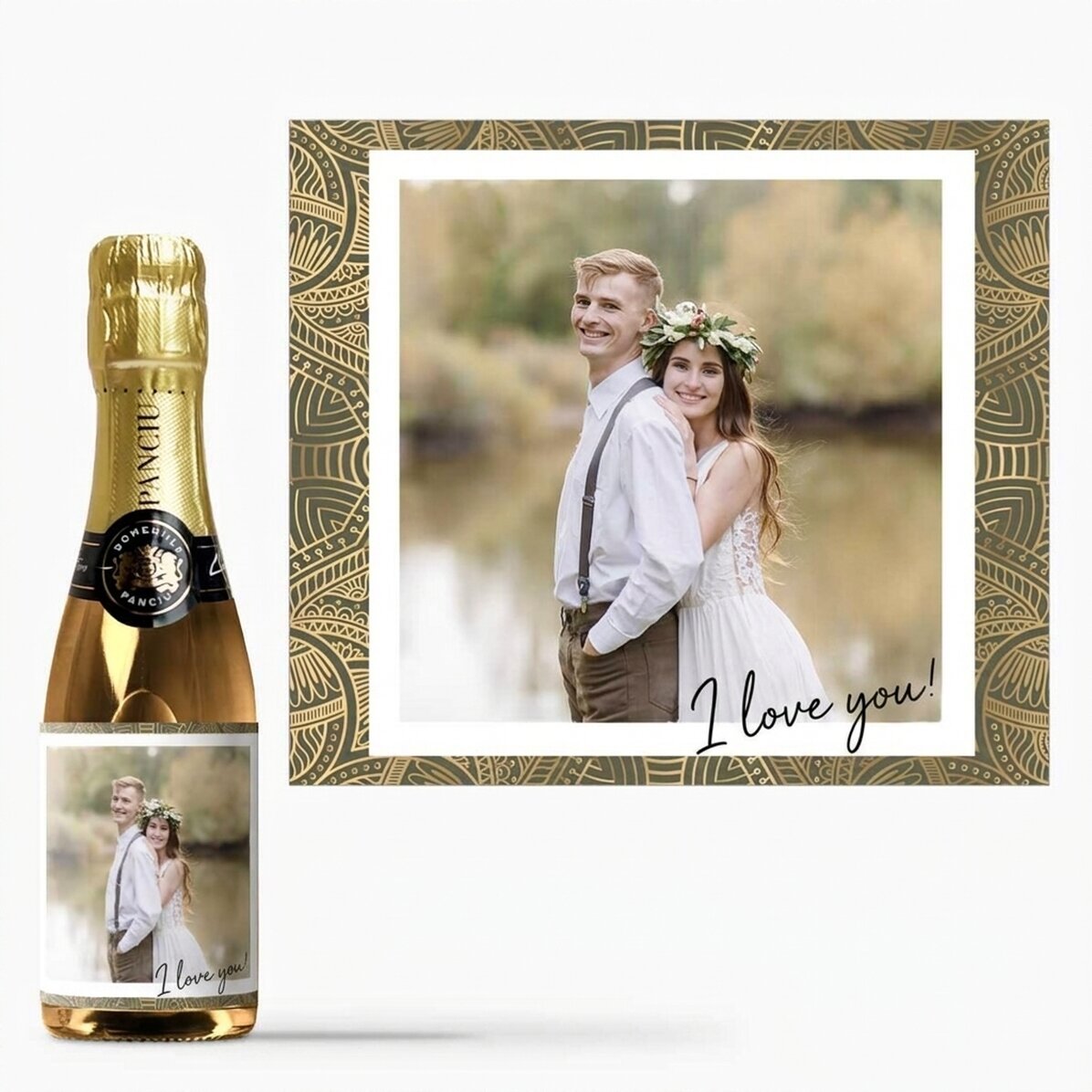Mini bottle of sparkling wine personalised with a photo - I love you!