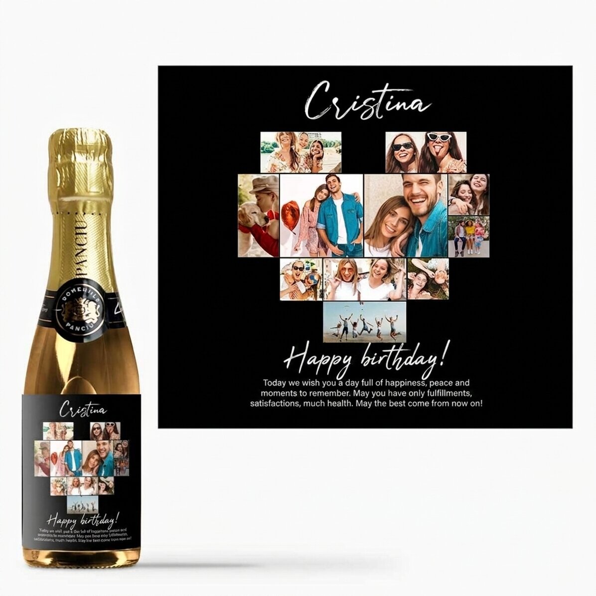 Mini bottle of sparkling wine personalised with 11 photos and a message