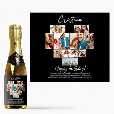 Mini bottle of sparkling wine personalised with 11 photos and a message