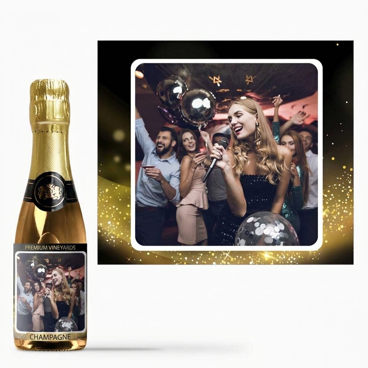 Mini bottle of sparkling wine personalised with a photo - Gold