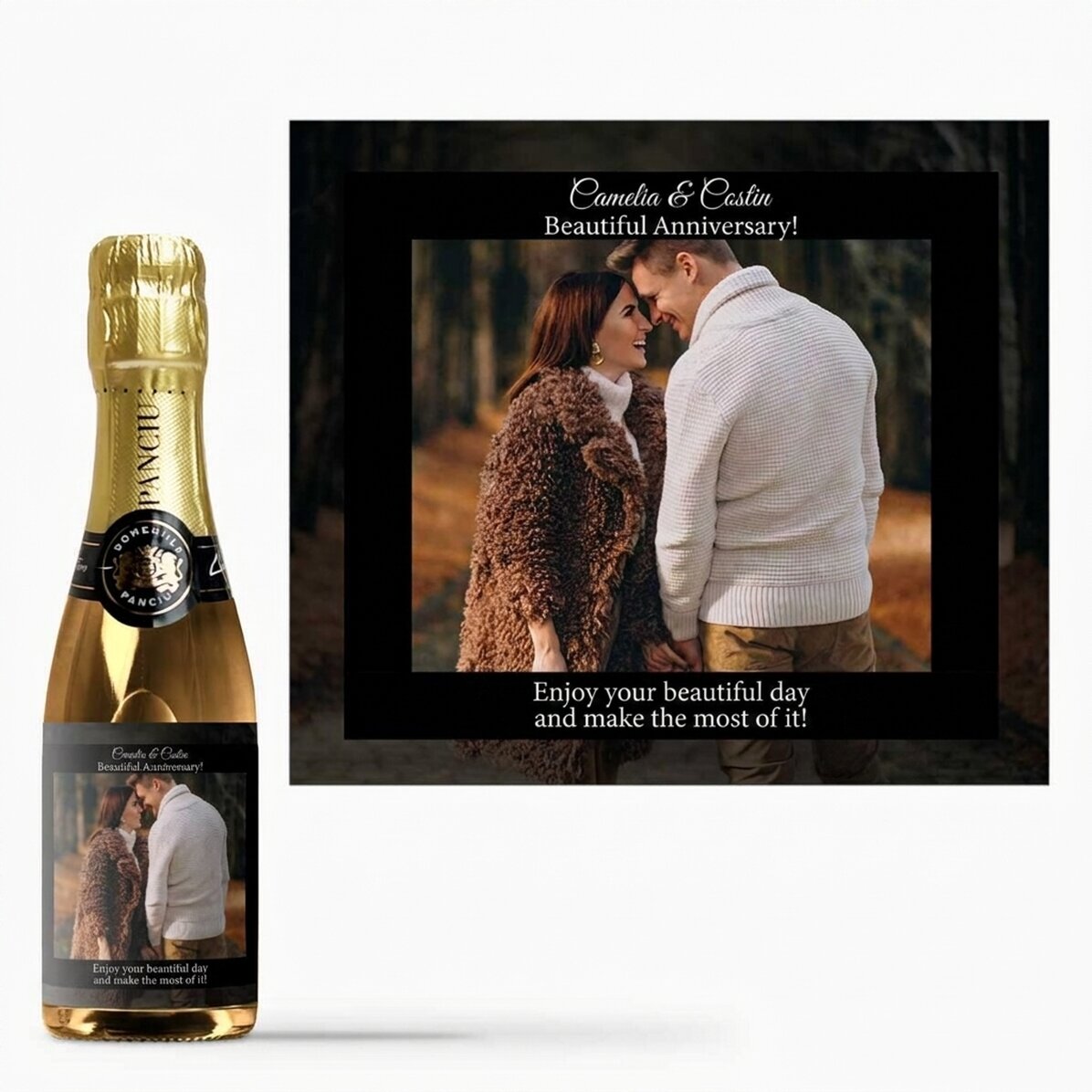 Mini bottle of sparkling wine personalised with text and photo for anniversaries
