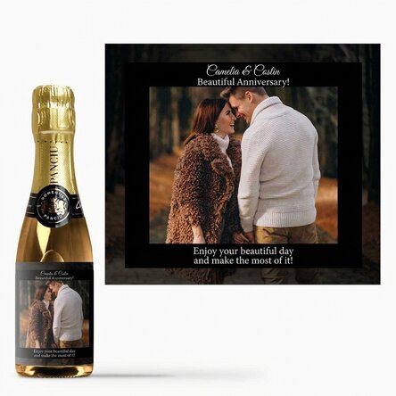 Mini bottle of sparkling wine personalised with text and photo for anniversaries