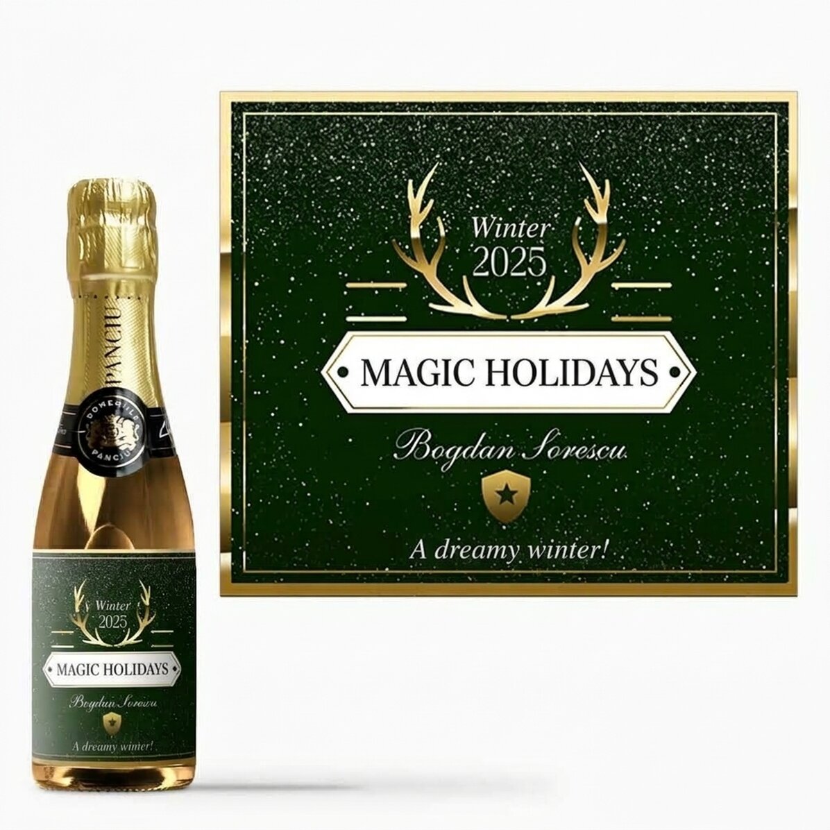 Mini bottle of sparkling wine personalised with text - Golden Antlers
