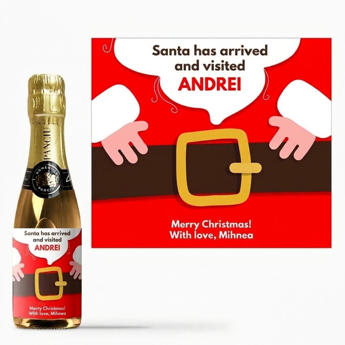 Mini bottle of sparkling wine personalised with a message - Santa has arrived
