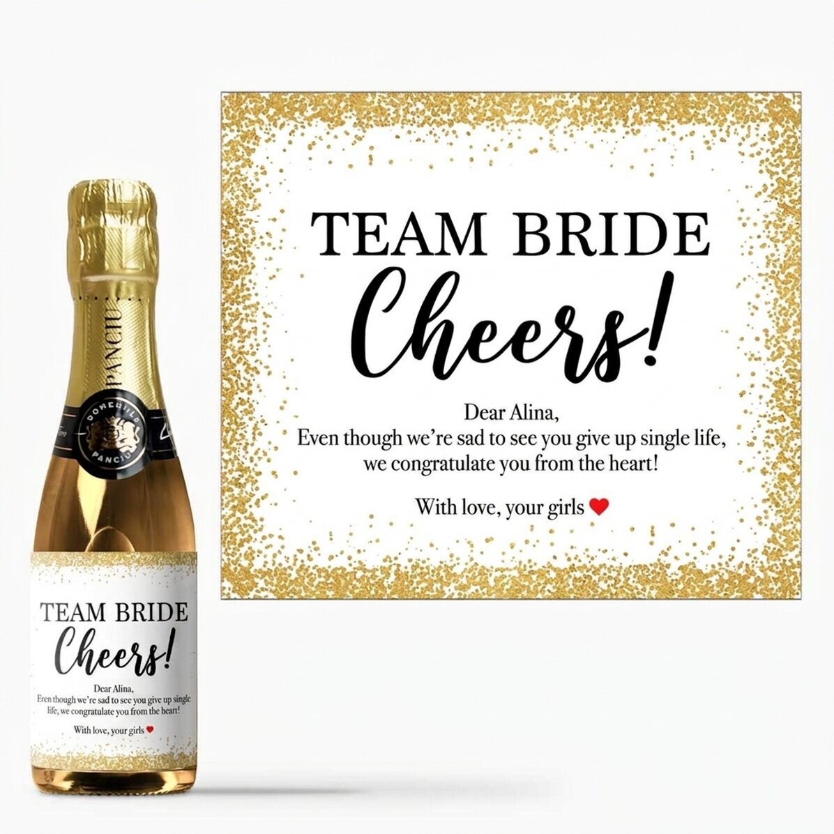 Mini bottle of sparkling wine personalised with text for hen parties - Cheers