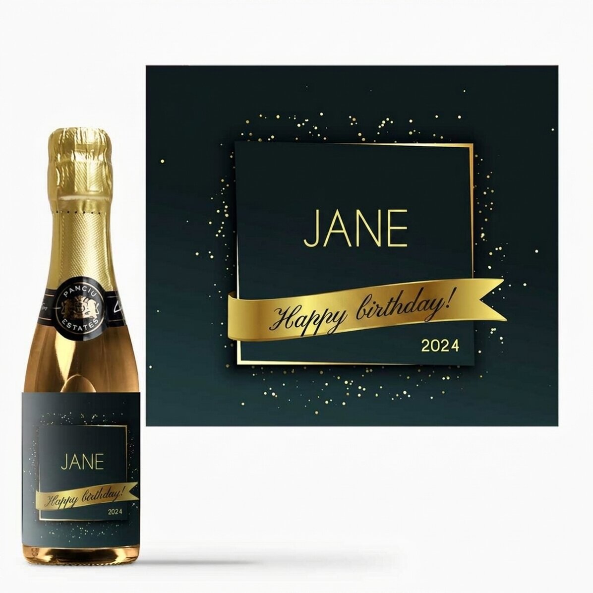Mini bottle of sparkling wine personalised with name - Gold