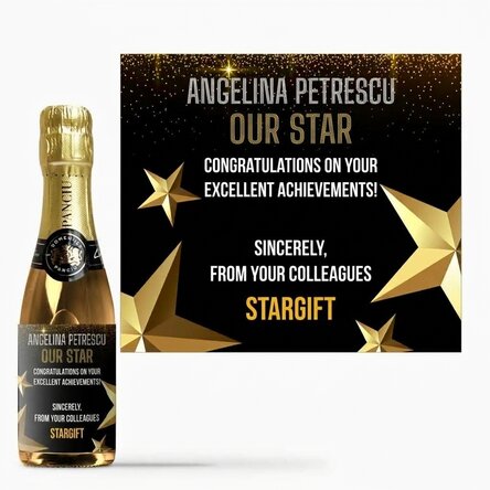 Mini bottle of sparkling wine personalised with text for retirement