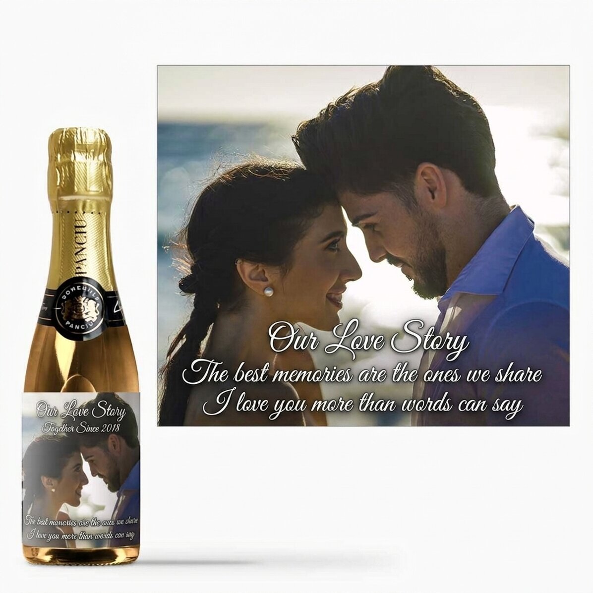 Mini bottle of sparkling wine personalised with a photograph