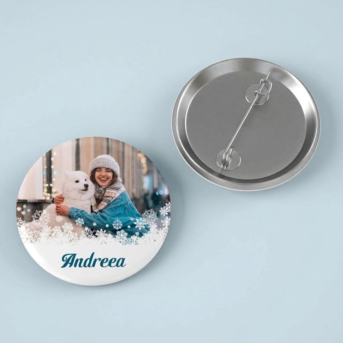 Personalised badge with photo and text - Snowflakes