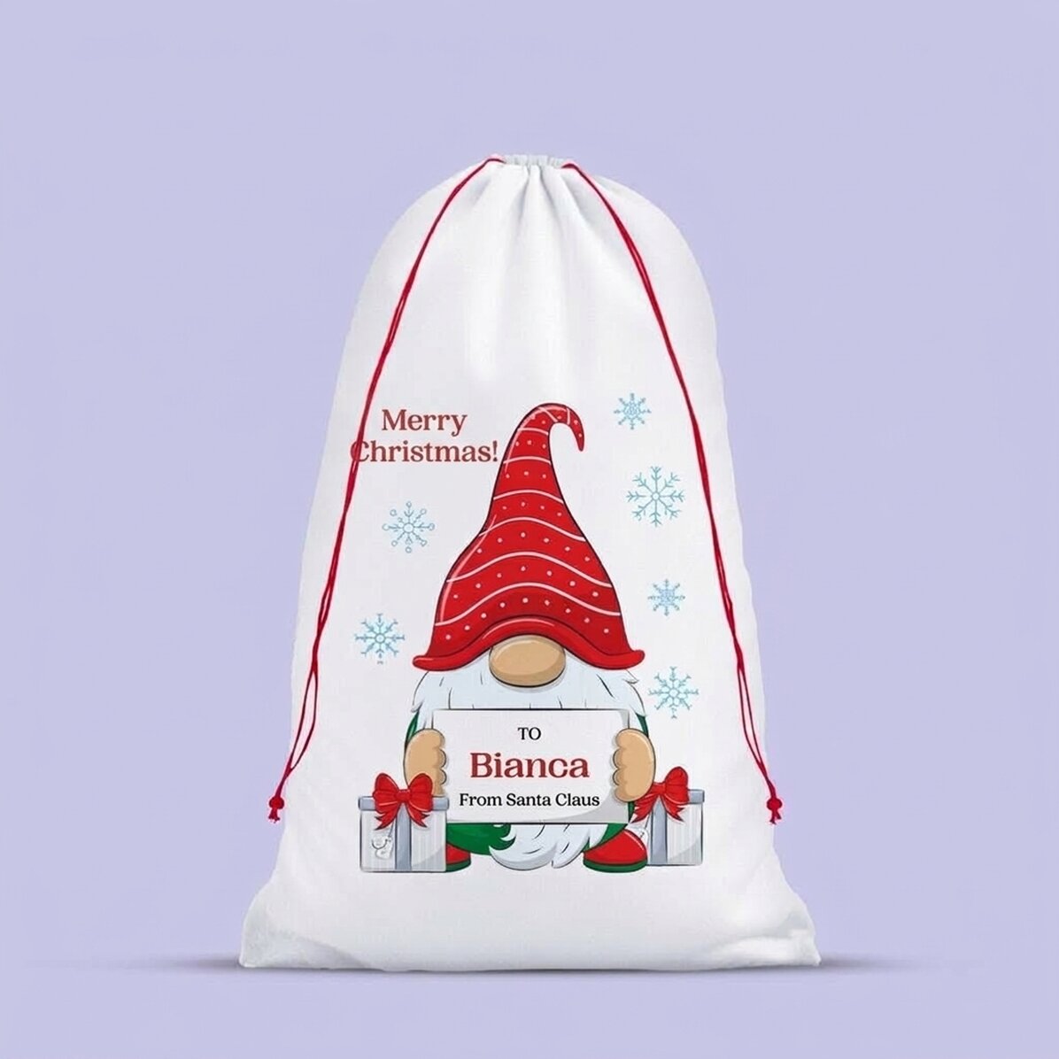 White gift bag with personalised message - Christmas Gnome