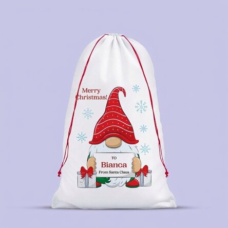 White gift bag with personalised message - Christmas Gnome
