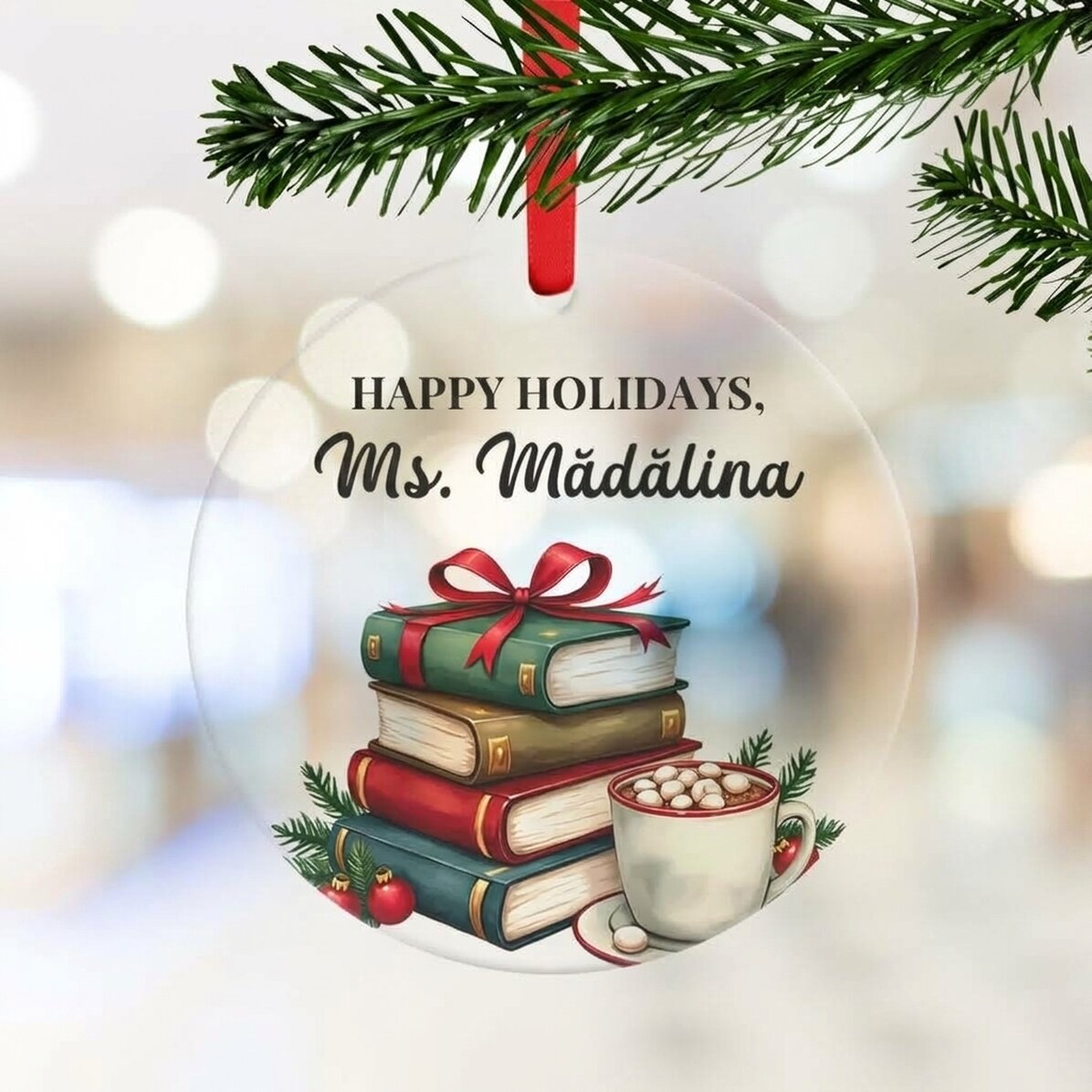 Personalised round ornament with message for teachers