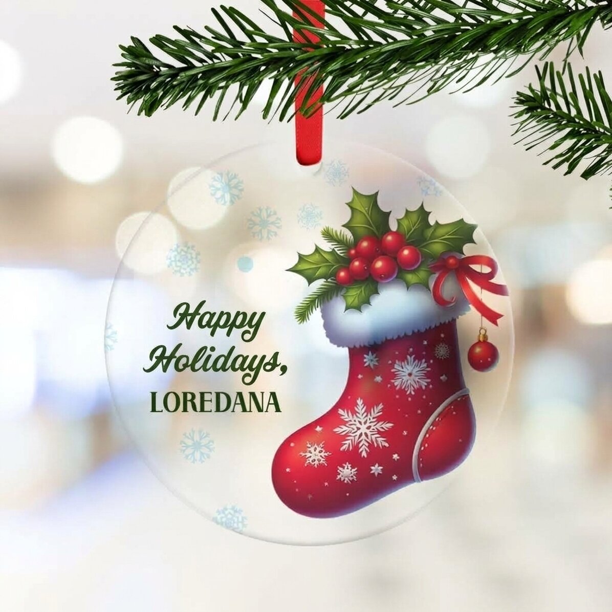 Personalised round ornament with message - Happy Holidays