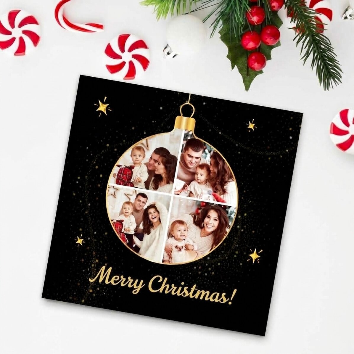 Personalised 10x10 magnet with 4 photos and message - Christmas bauble
