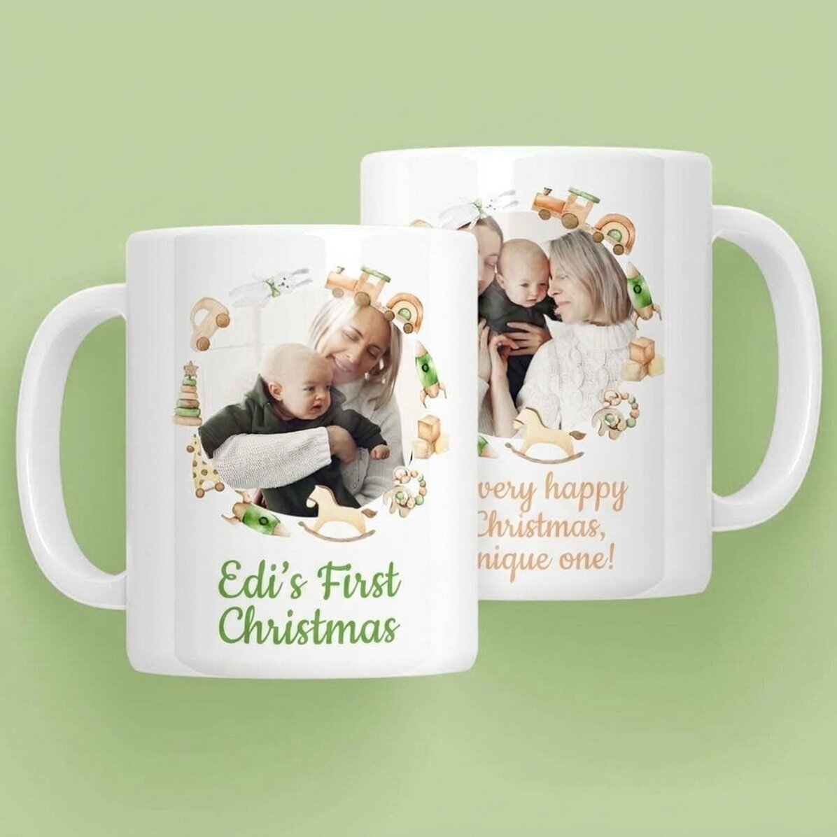 Personalised mug with text and 2 photos - First Christmas