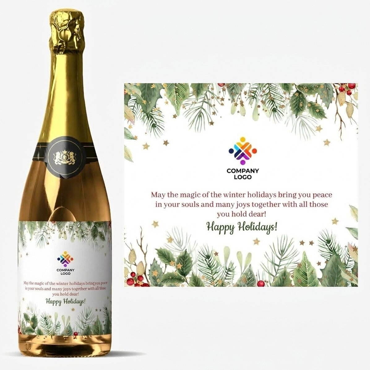 Personalised sparkling wine with text and logo - Happy Holidays!