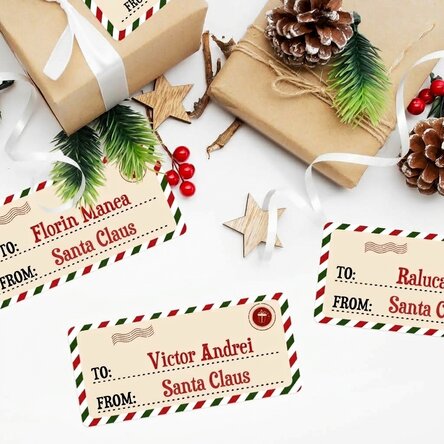 Set of 4 stickers (self-adhesive labels) 11x5 cm personalised with message - from Santa Claus