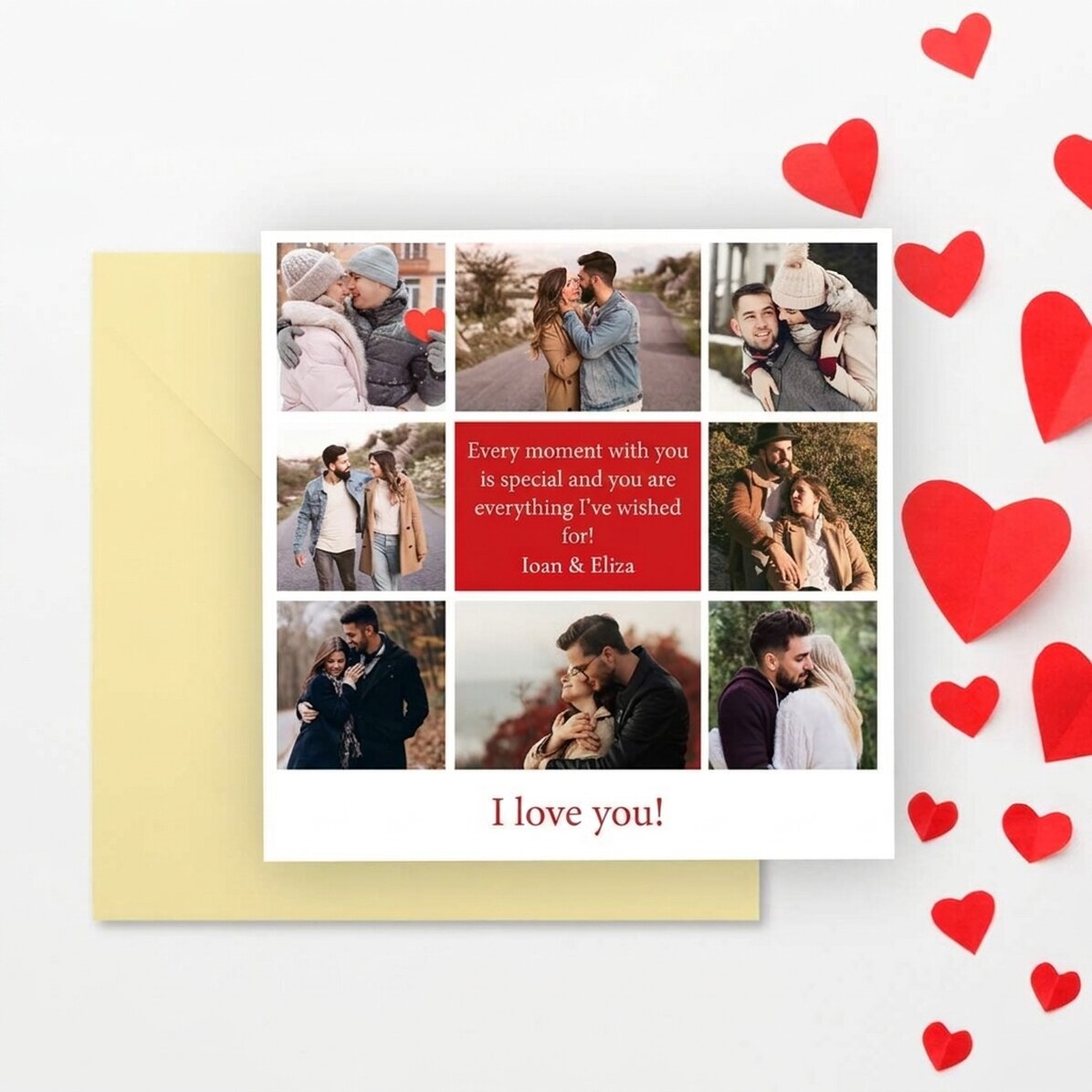 Personalised square card with 8 photos and message - Love