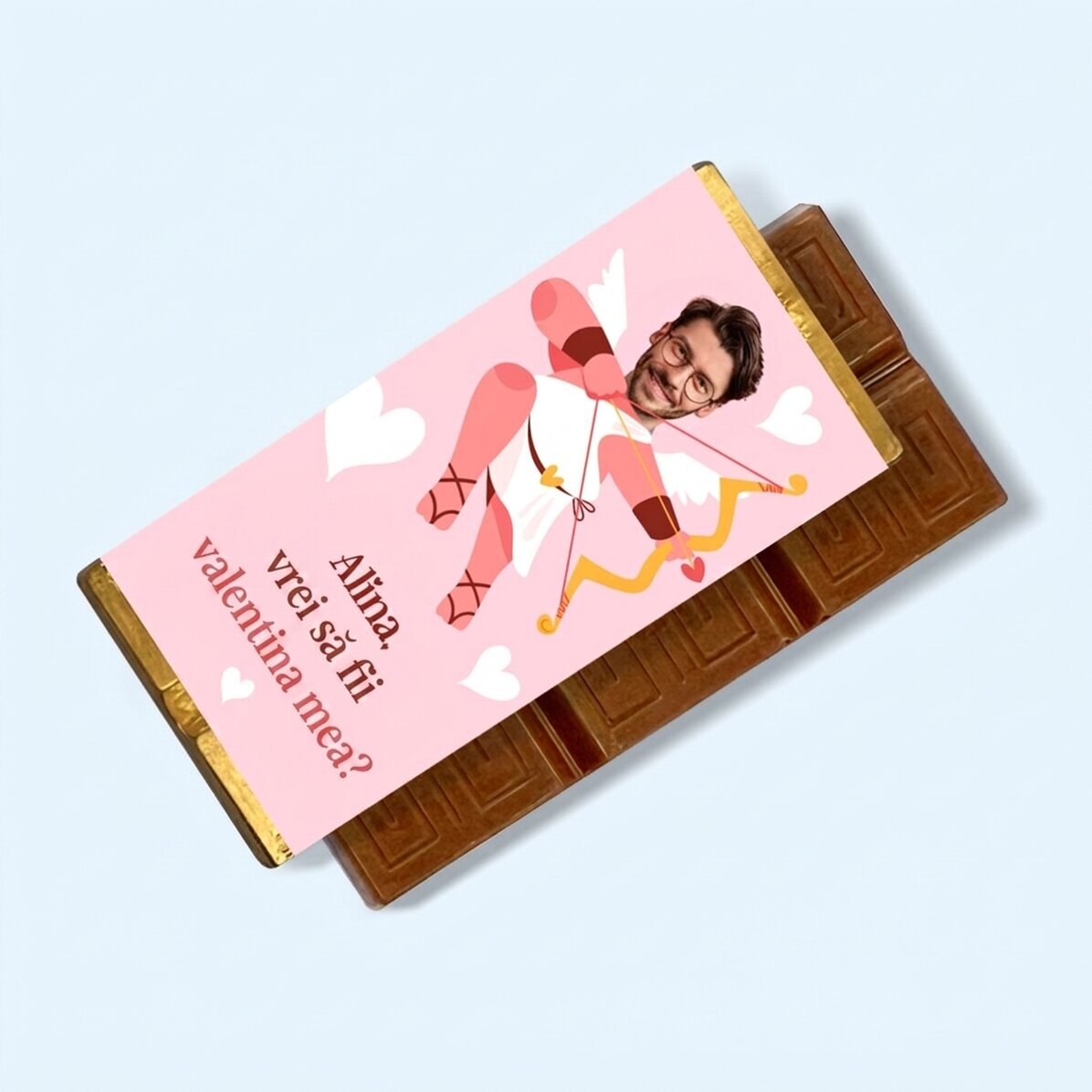 Mini chocolate bar personalised with a photo and message - Cupid