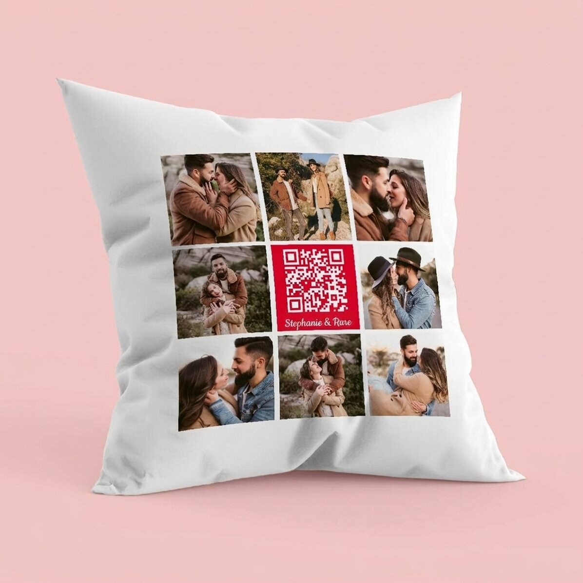 Personalised cushion with 8 photos, text and QR code - Our song
